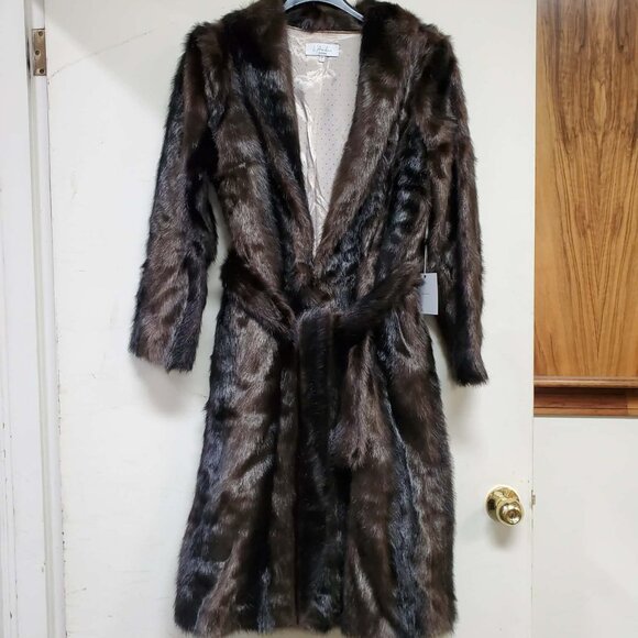 NWT $318 Revolve L'Academie 'The Fleurette' Brown Faux-Fur Belted Coat, SZ M - Picture 8 of 16